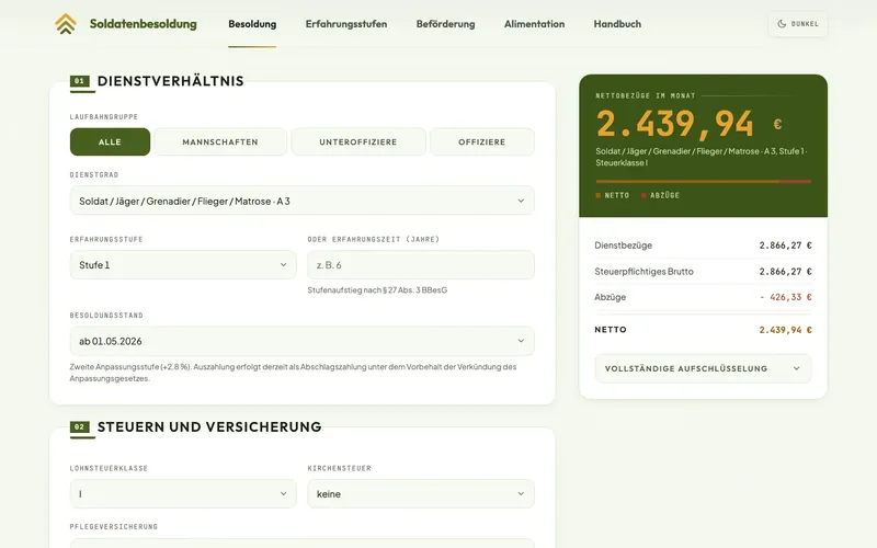 Website soldatenbesoldung.de mit dem Besoldungsrechner für Soldatinnen und Soldaten