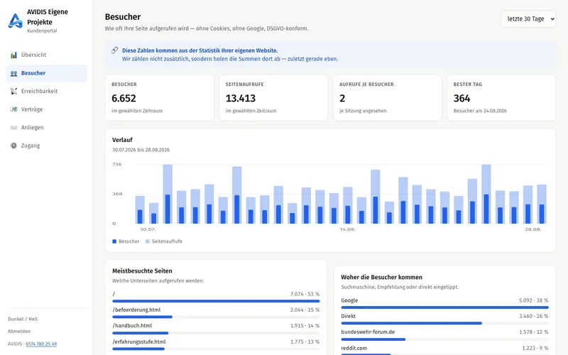 Kundenportal: Besucherzahlen einer Kunden-Website mit Verlauf und meistbesuchten Seiten, Beispieldaten