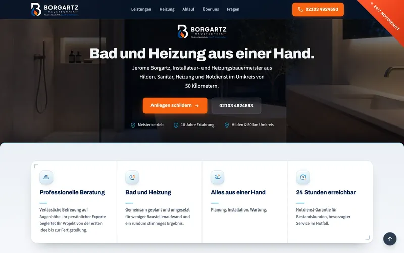 Website der Borgartz Haustechnik: Startbild „Bad und Heizung aus einer Hand“ mit Leistungskarten darunter