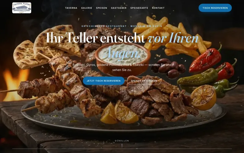 Website der Taverna Platon mit Grillteller im Startbild